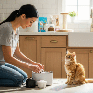 lady putting together water fountain for cat
