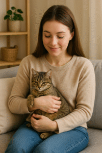 Lady holding her cat in her arms 